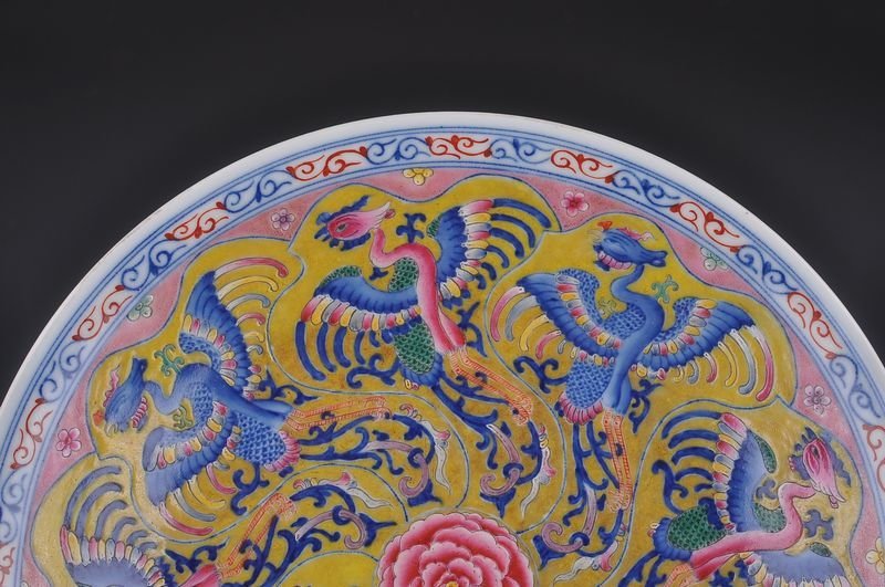 Qing Dynasty Kangxi yellow ground multicolored phoenix plate