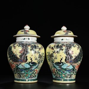 Qing Dynasty Kangxi Yellow Ground Multicolored Peacock Flower General Jar