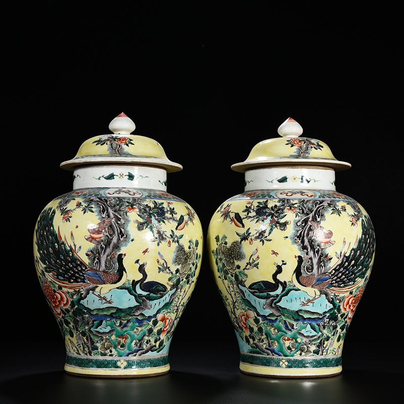 Qing Dynasty Kangxi Yellow Ground Multicolored Peacock Flower General Jar