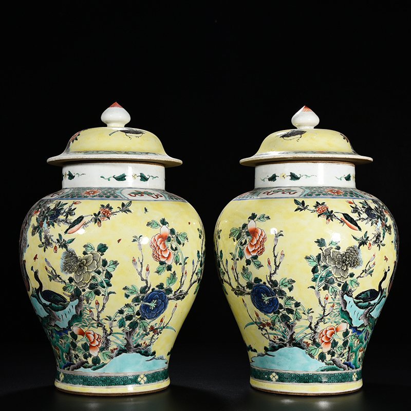 Qing Dynasty Kangxi Yellow Ground Multicolored Peacock Flower General Jar