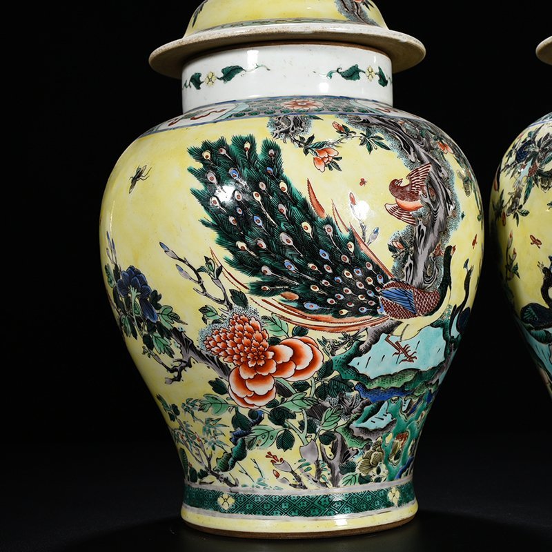 Qing Dynasty Kangxi Yellow Ground Multicolored Peacock Flower General Jar