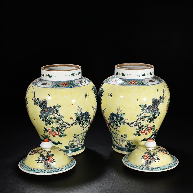 Qing Dynasty Kangxi Yellow Ground Multicolored Peacock Flower General Jar