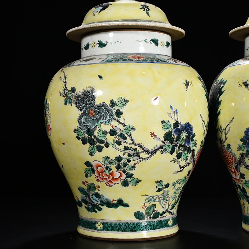 Qing Dynasty Kangxi Yellow Ground Multicolored Peacock Flower General Jar