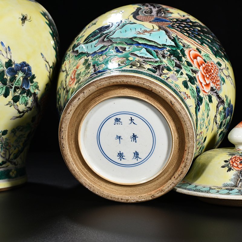 Qing Dynasty Kangxi Yellow Ground Multicolored Peacock Flower General Jar