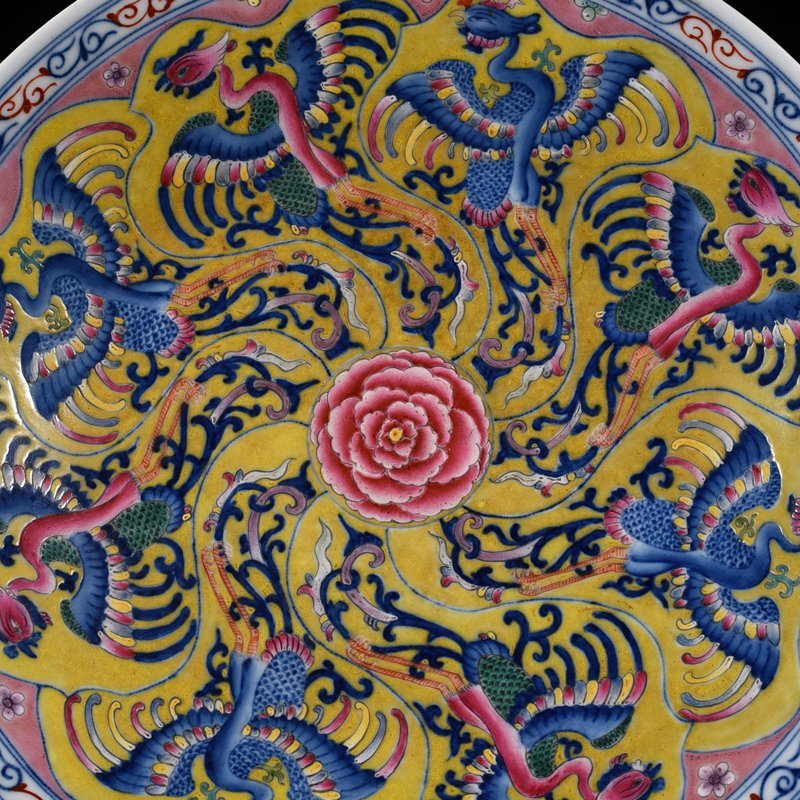 Qing Dynasty Kangxi yellow ground blue and white multicolored phoenix plate