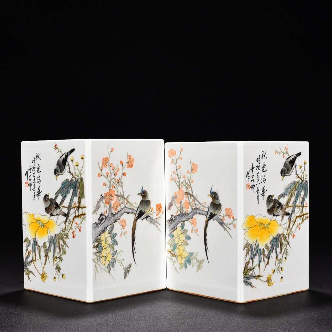 Qing Dynasty Jin Pin light purple color flower and bird square pen holder