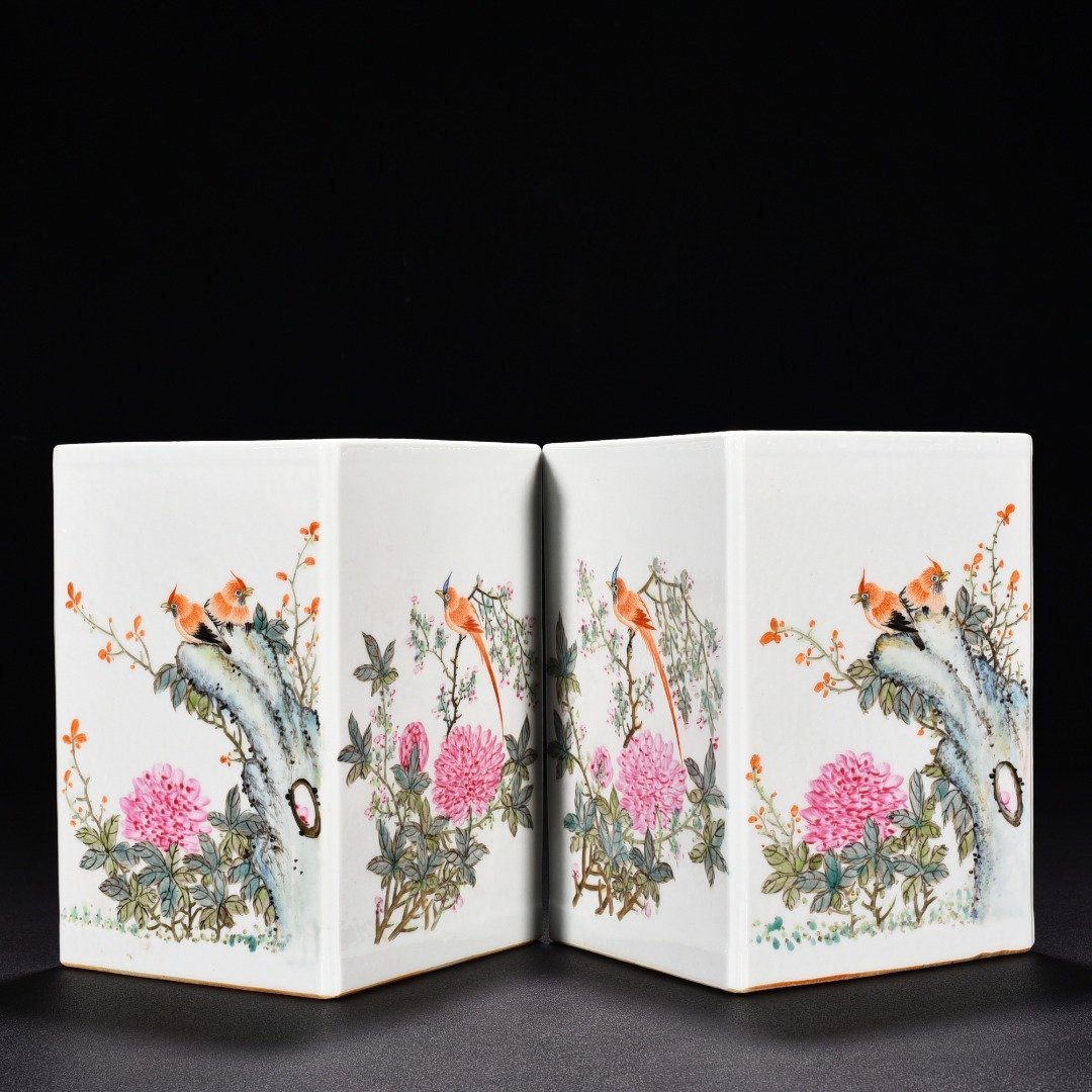 Qing Dynasty Jin Pin light purple color flower and bird square pen holder