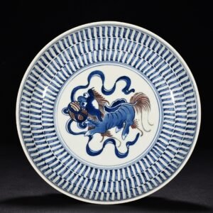 Qing Dynasty blue and white glaze red lion hydrangea plate