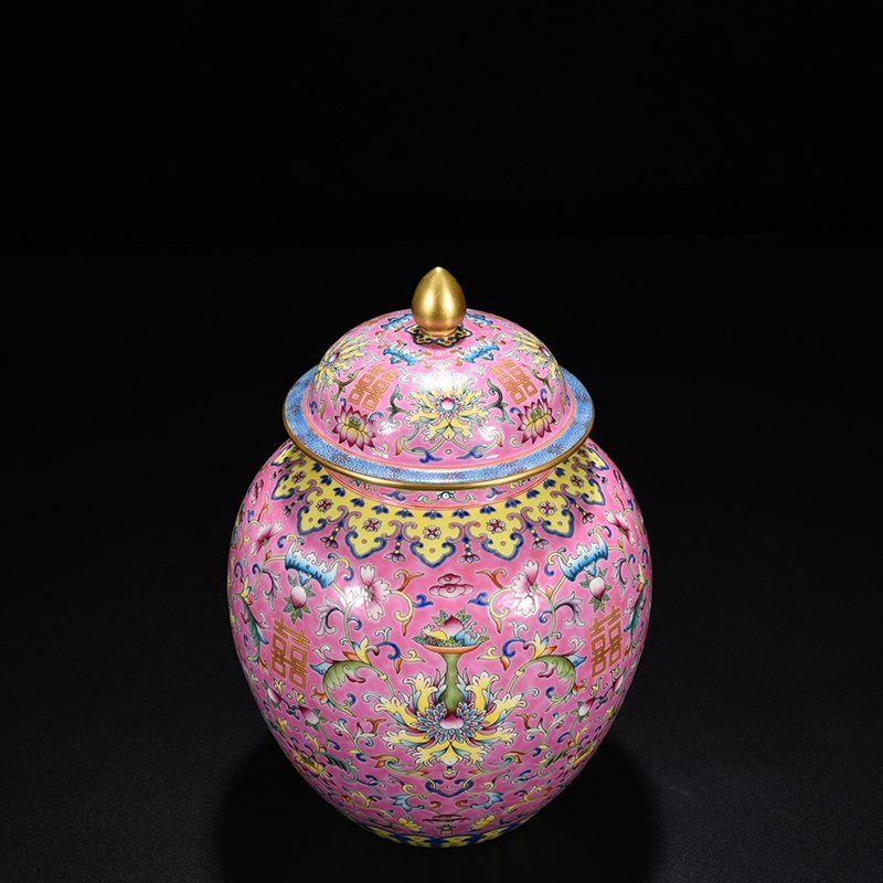 Qing Dynasty Daoguang pink ground floral double happiness general jar