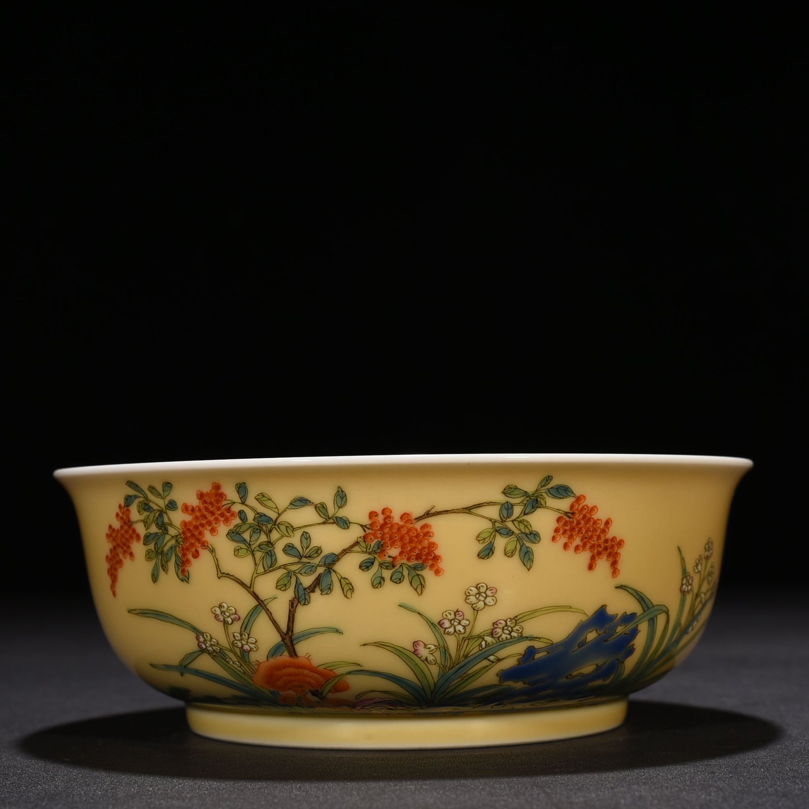 Qing Dynasty Yongzheng Yanghetang yellow glaze pastel Zhilan birthday bowl