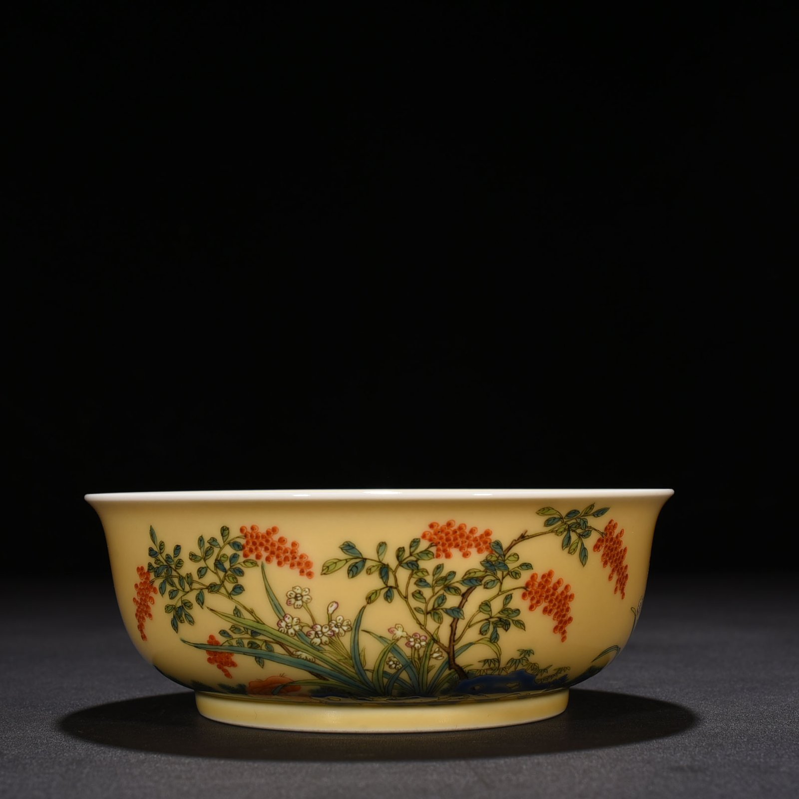 Qing Dynasty Yongzheng Yanghetang yellow glaze pastel Zhilan birthday bowl
