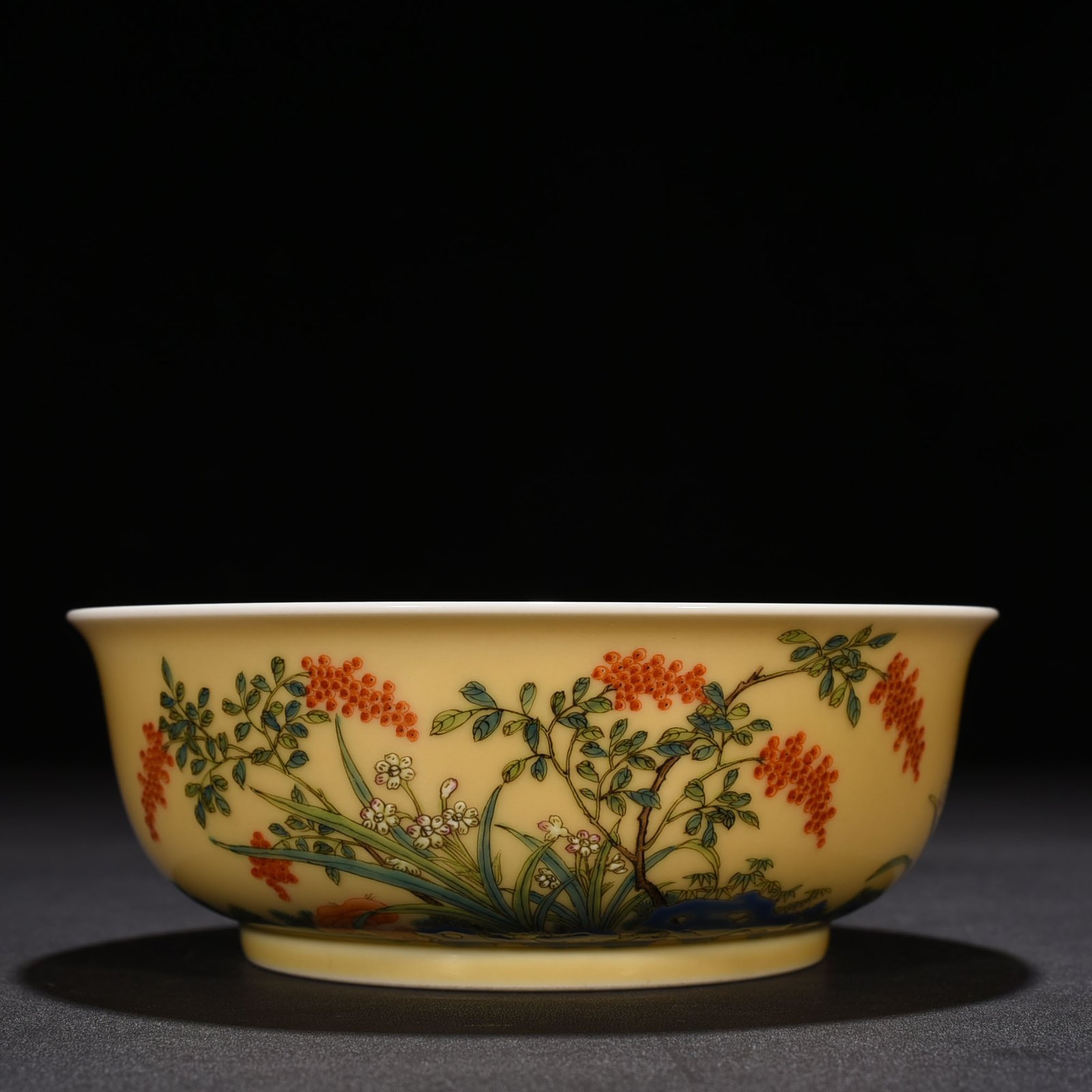 Qing Dynasty Yongzheng Yanghetang yellow glaze pastel Zhilan birthday bowl