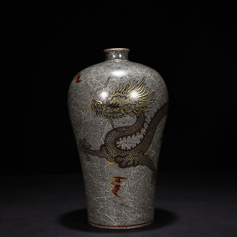 Qing Dynasty Yongzheng ink and color gold dragon plum vase