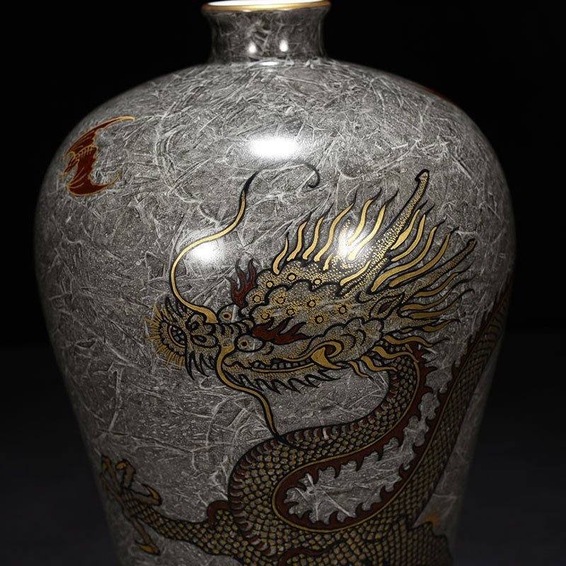 Qing Dynasty Yongzheng ink and color gold dragon plum vase