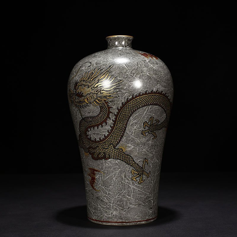 Qing Dynasty Yongzheng ink and color gold dragon plum vase