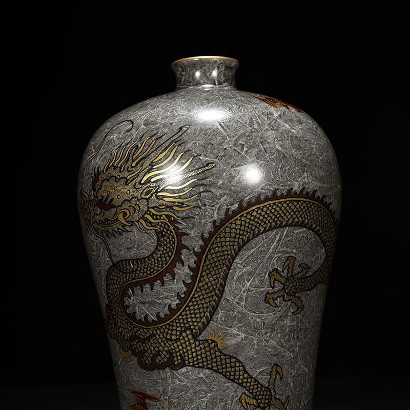 Qing Dynasty Yongzheng ink and color gold dragon plum vase