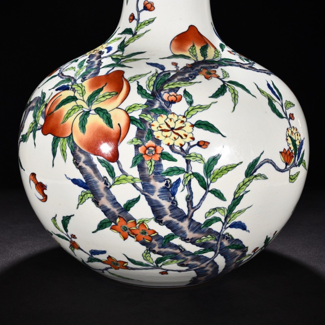 Qing Dynasty Yongzheng Doucai Five Blessings Holding Longevity Peach Heavenly Ball Vase
