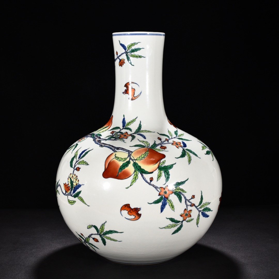 Qing Dynasty Yongzheng Doucai Five Blessings Holding Longevity Peach Heavenly Ball Vase