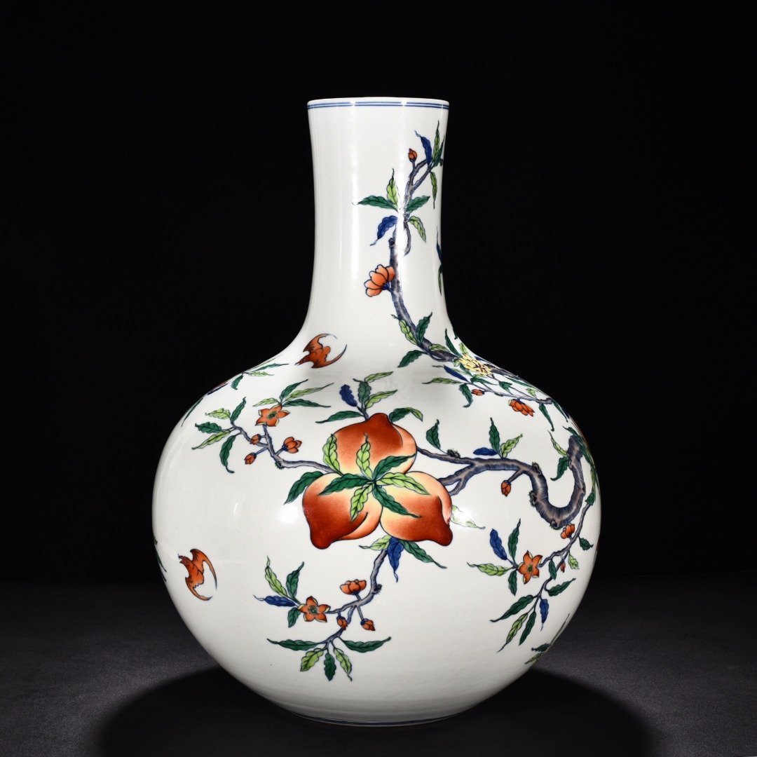 Qing Dynasty Yongzheng Doucai Five Blessings Holding Longevity Peach Heavenly Ball Vase