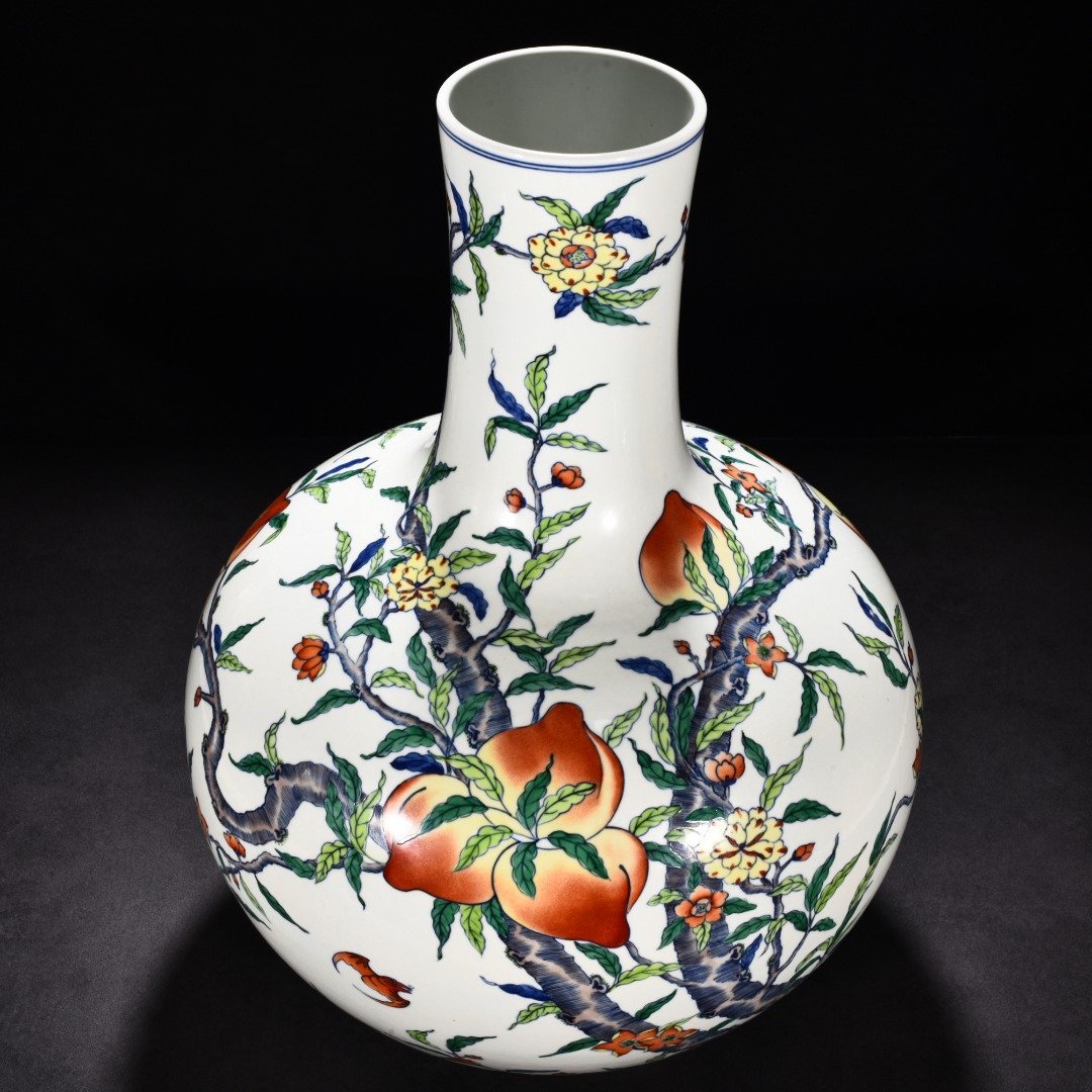 Qing Dynasty Yongzheng Doucai Five Blessings Holding Longevity Peach Heavenly Ball Vase