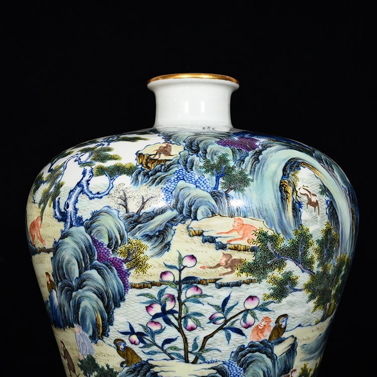 Qing Dynasty Yongzheng Doucai Monkey Offering Longevity Plum Vase