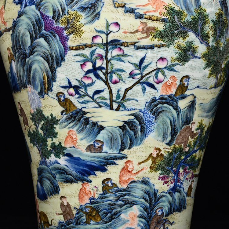 Qing Dynasty Yongzheng Doucai Monkey Offering Longevity Plum Vase