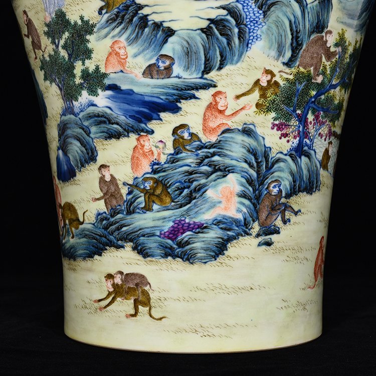 Qing Dynasty Yongzheng Doucai Monkey Offering Longevity Plum Vase