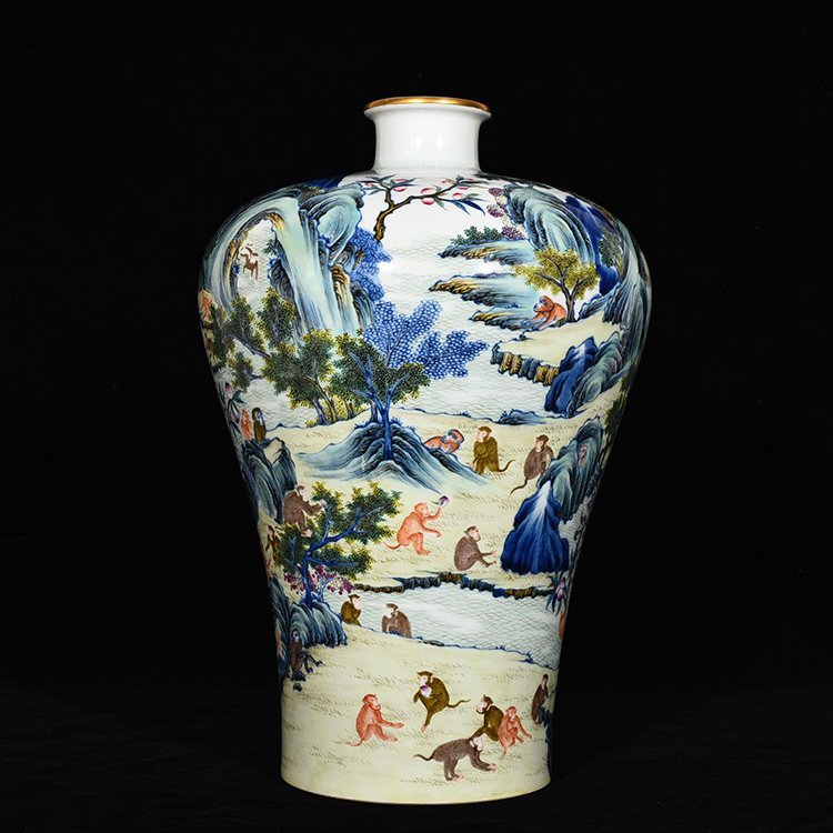 Qing Dynasty Yongzheng Doucai Monkey Offering Longevity Plum Vase