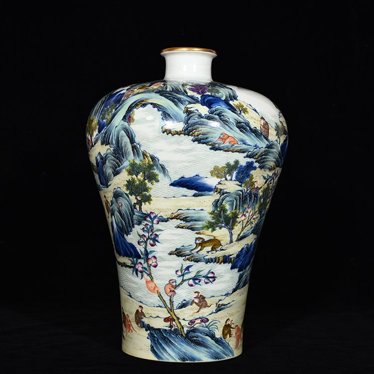 Qing Dynasty Yongzheng Doucai Monkey Offering Longevity Plum Vase