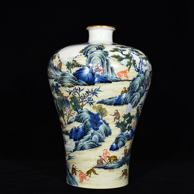 Qing Dynasty Yongzheng Doucai Monkey Offering Longevity Plum Vase