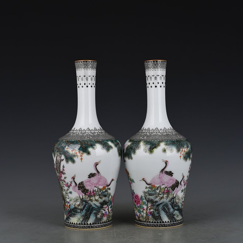 Qing Dynasty Yongzheng Enamel Rattle Zun with Six Cranes and Spring Picture