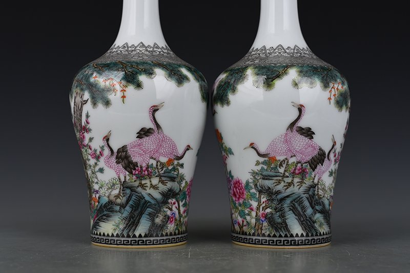 Qing Dynasty Yongzheng Enamel Rattle Zun with Six Cranes and Spring Picture