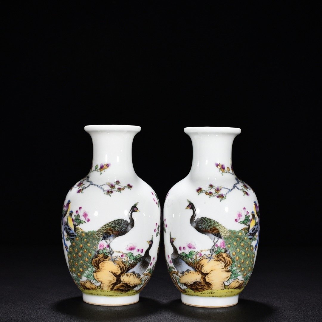 Qing Dynasty Yongzheng enamel vase with peacock and flower