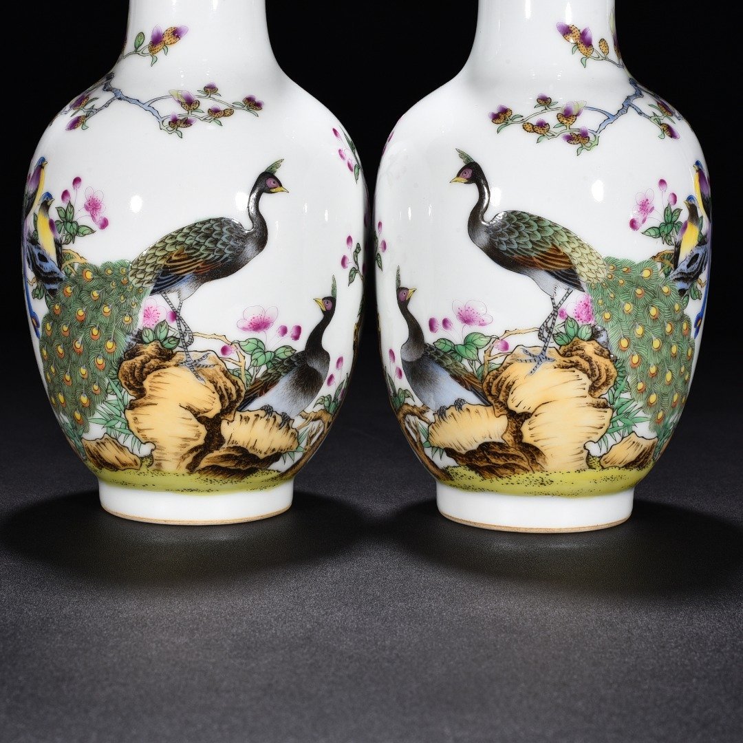 Qing Dynasty Yongzheng enamel vase with peacock and flower
