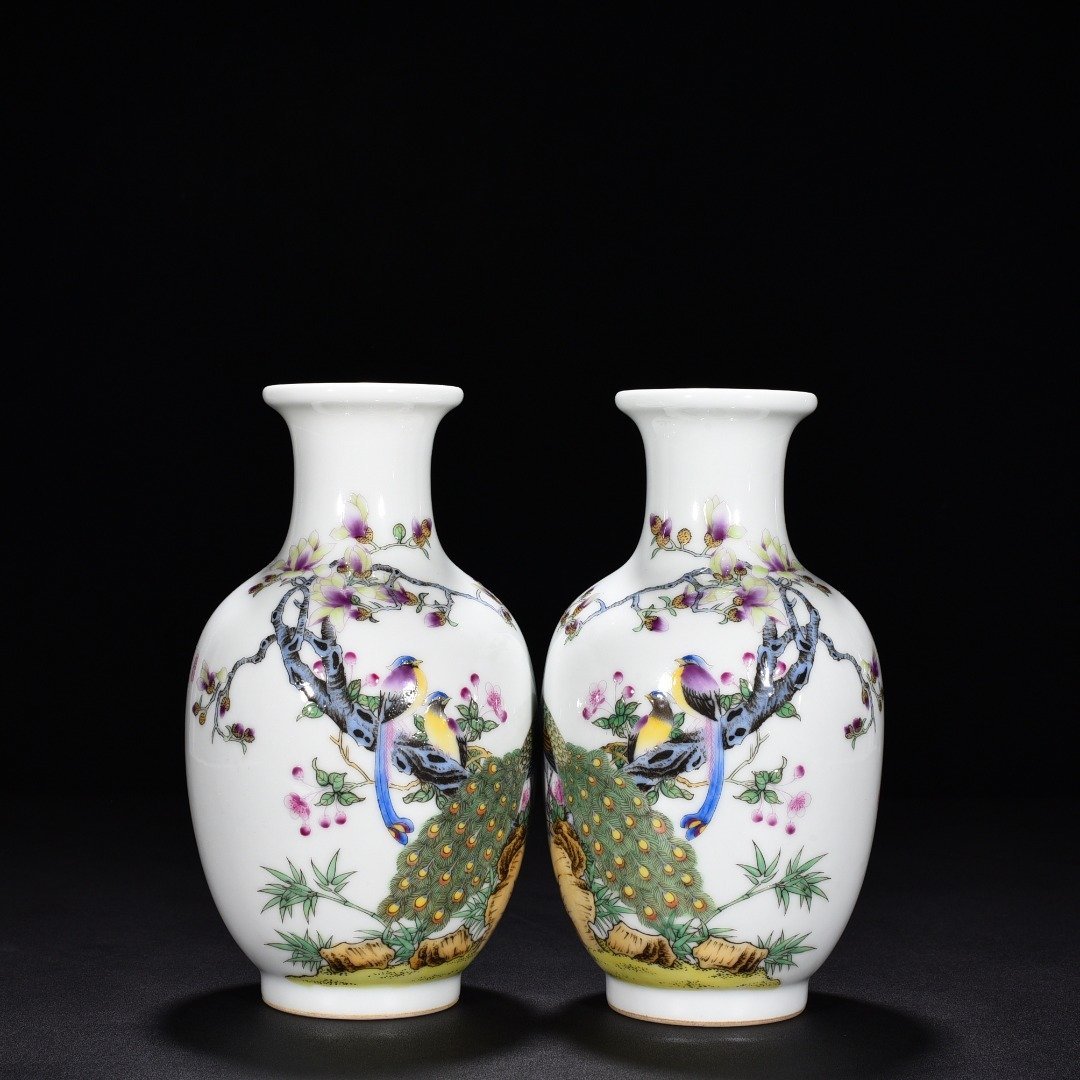 Qing Dynasty Yongzheng enamel vase with peacock and flower