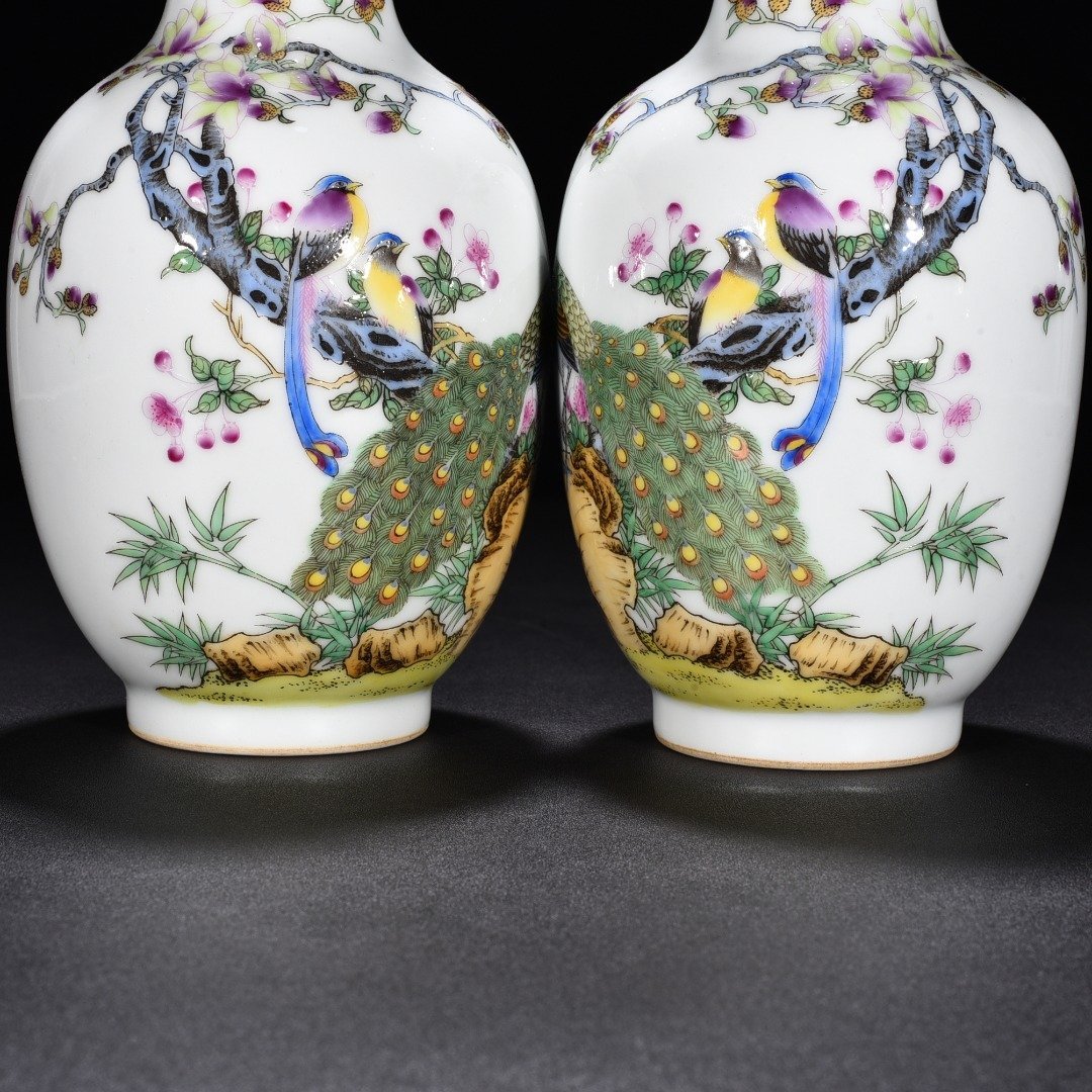 Qing Dynasty Yongzheng enamel vase with peacock and flower