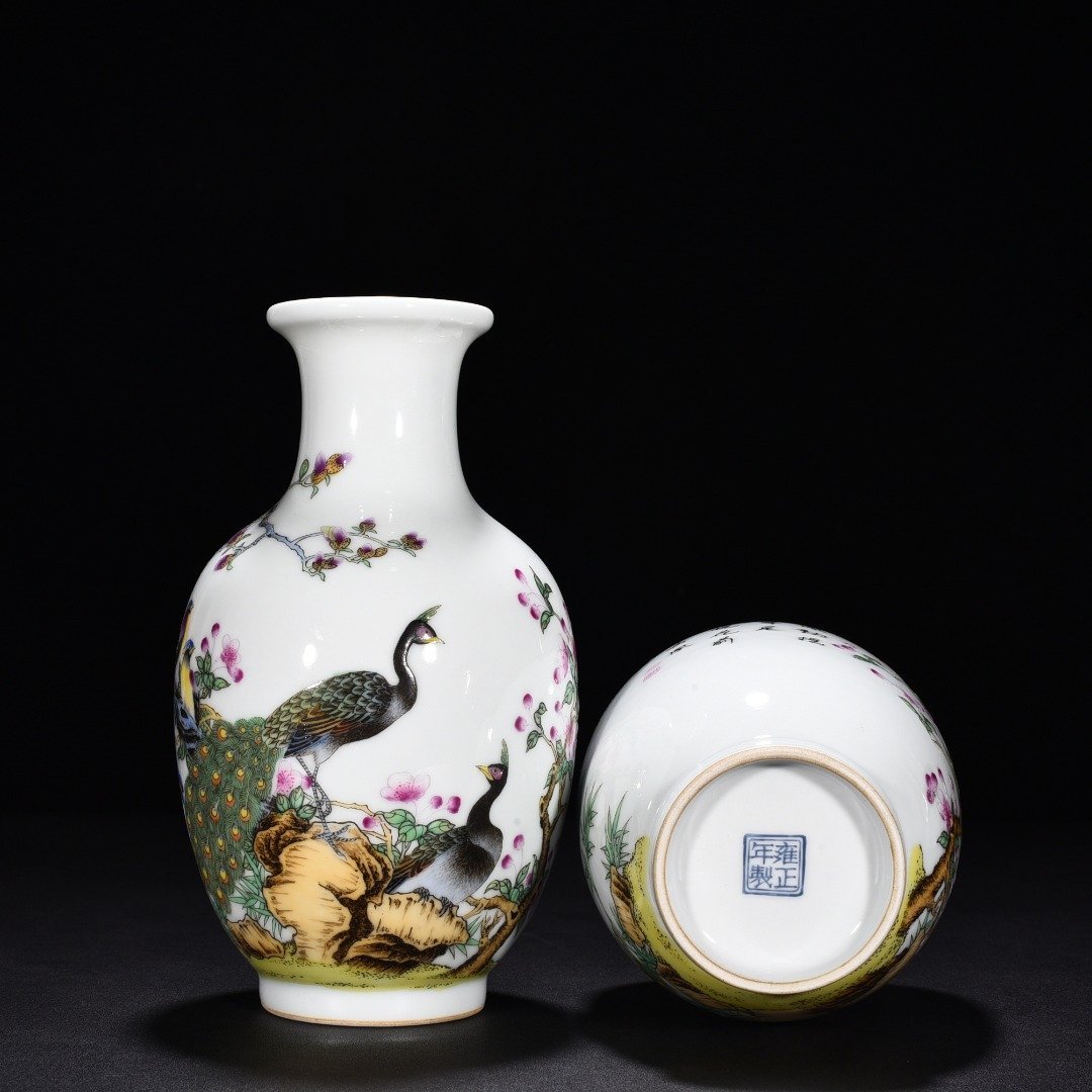 Qing Dynasty Yongzheng enamel vase with peacock and flower