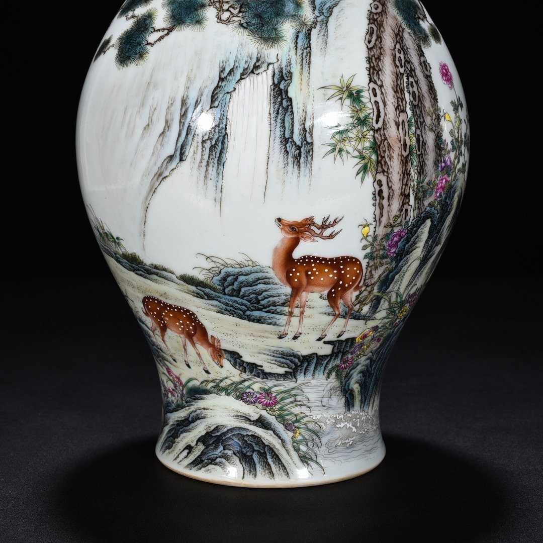 Qing Dynasty Yongzheng enamel color painted golden deer and crane with spring ear vase