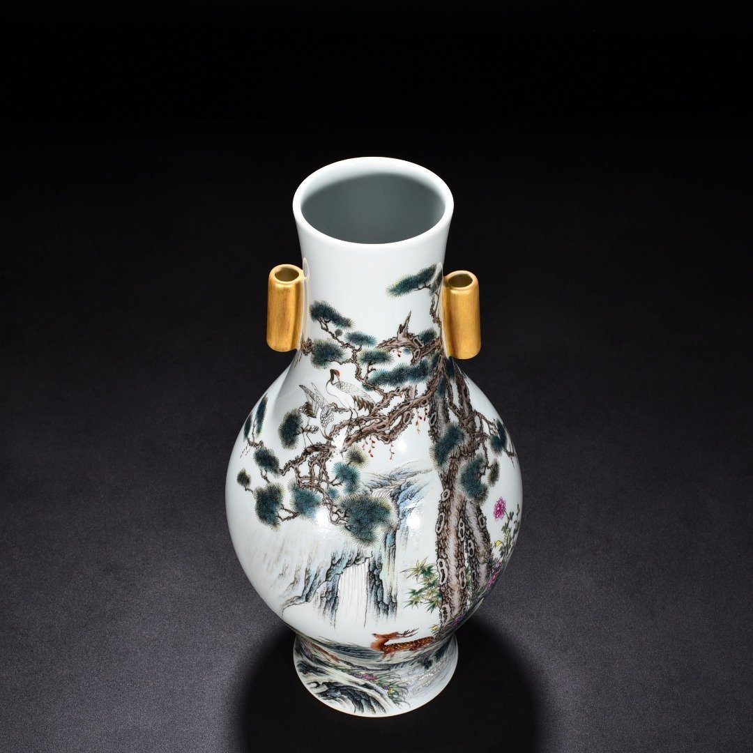 Qing Dynasty Yongzheng enamel color painted golden deer and crane with spring ear vase