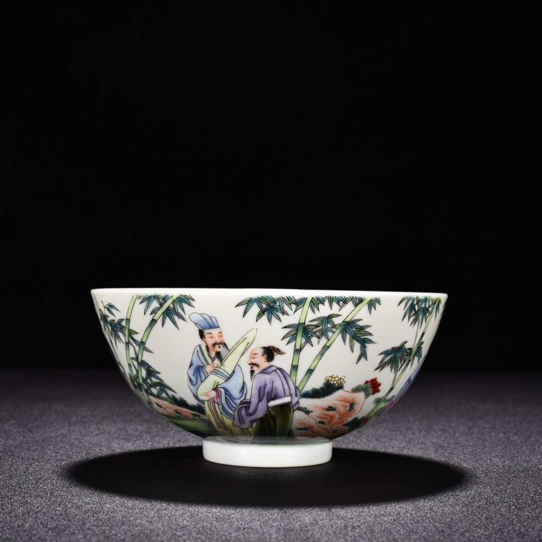 Qing Dynasty Yongzheng enamel bowl with seven sages in the bamboo forest