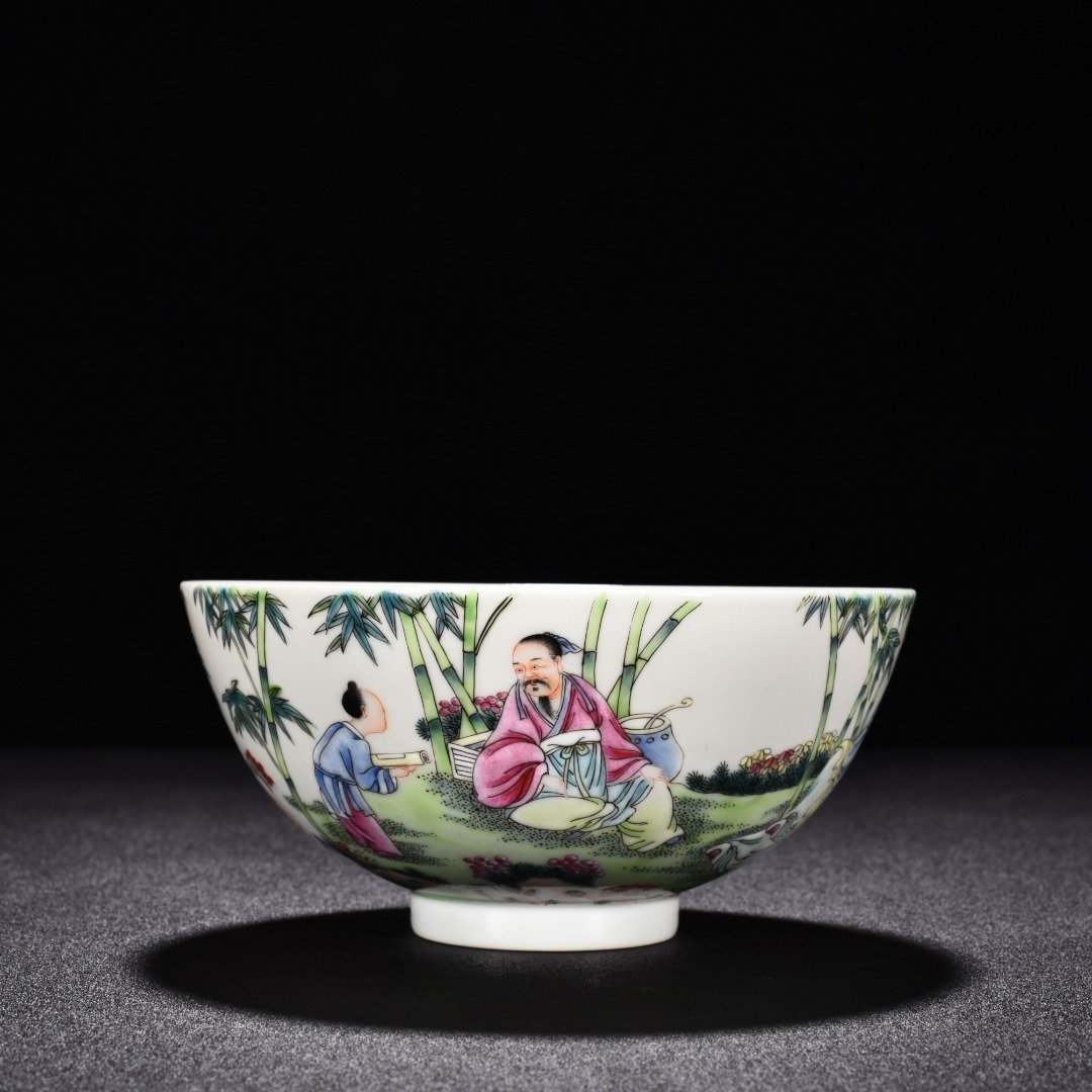 Qing Dynasty Yongzheng enamel bowl with seven sages in the bamboo forest