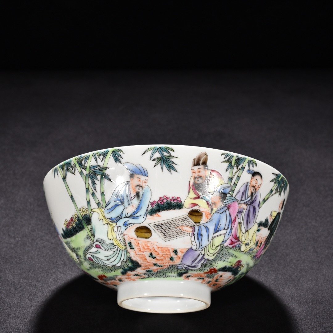 Qing Dynasty Yongzheng enamel bowl with seven sages in the bamboo forest