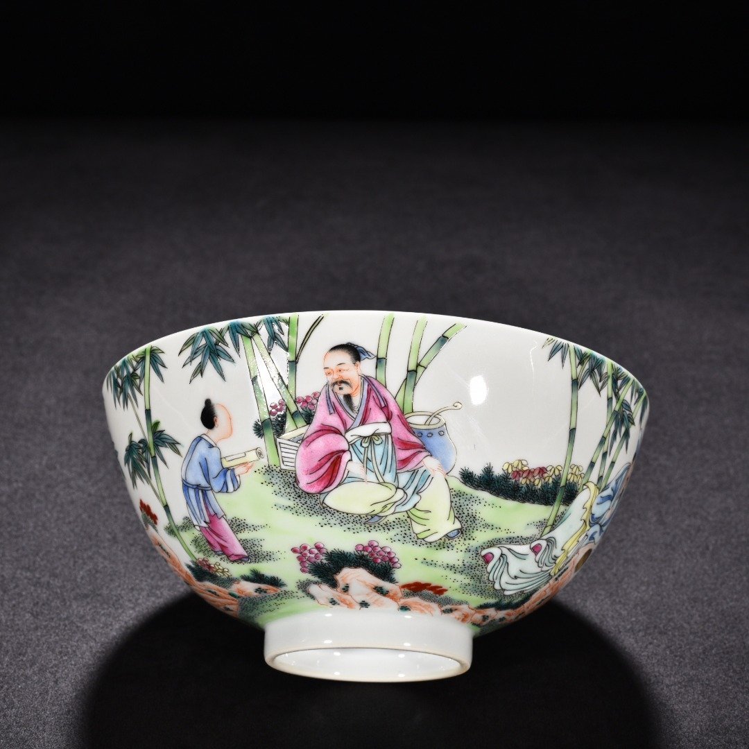 Qing Dynasty Yongzheng enamel bowl with seven sages in the bamboo forest