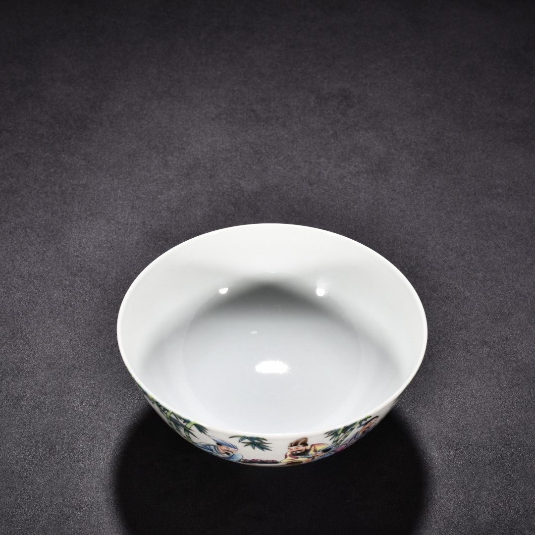Qing Dynasty Yongzheng enamel bowl with seven sages in the bamboo forest