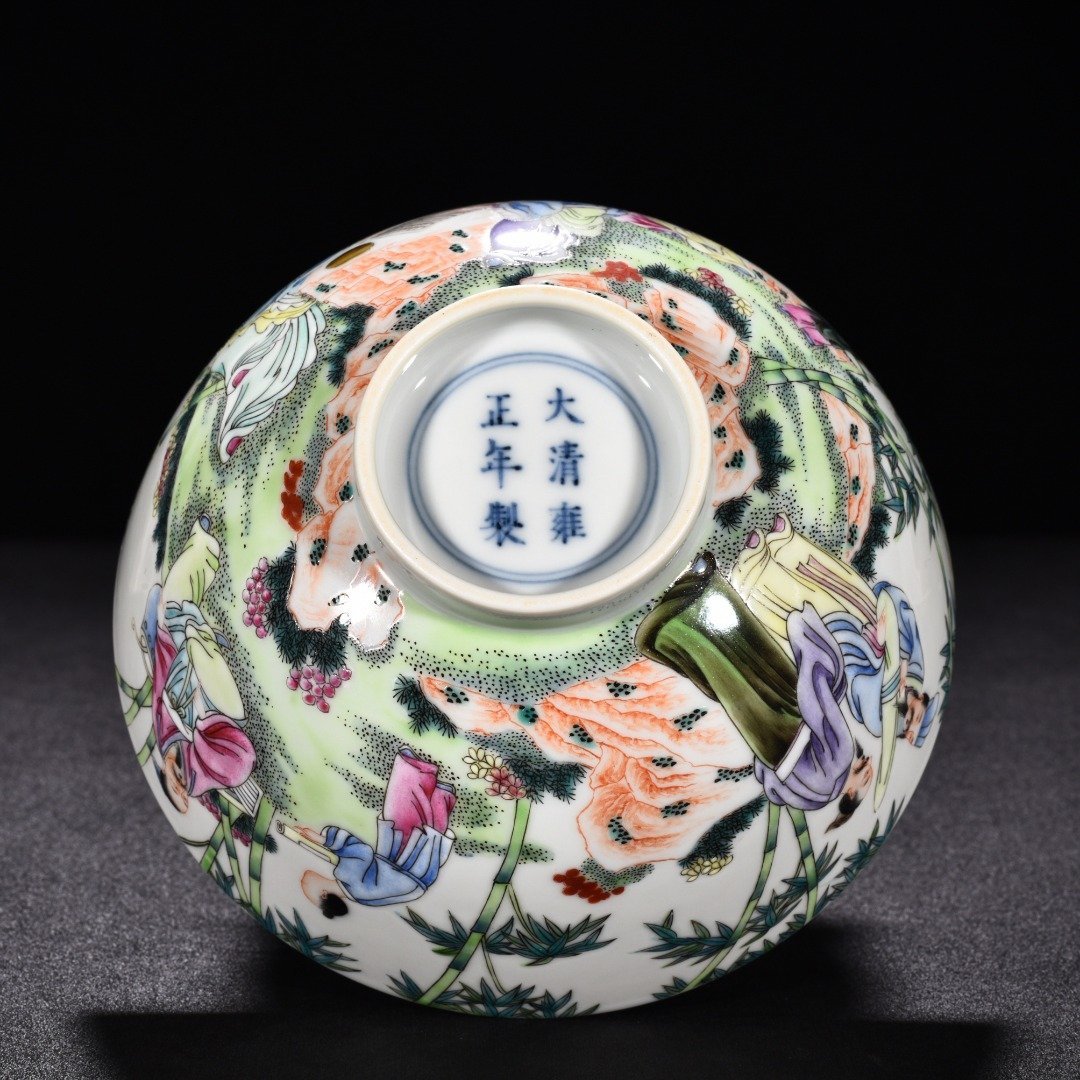 Qing Dynasty Yongzheng enamel bowl with seven sages in the bamboo forest