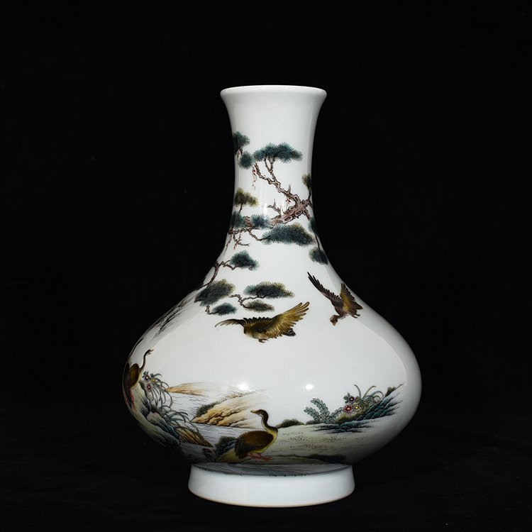 Qing Dynasty Yongzheng enamel color reed wild goose and flower flat belly jade pot spring vase
