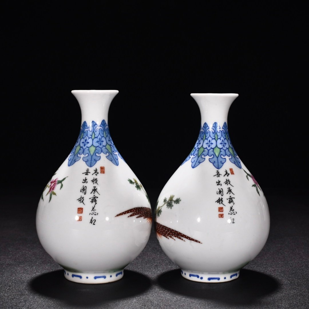 Qing Dynasty Yongzheng enamel jade pot and spring vase with flower and birds
