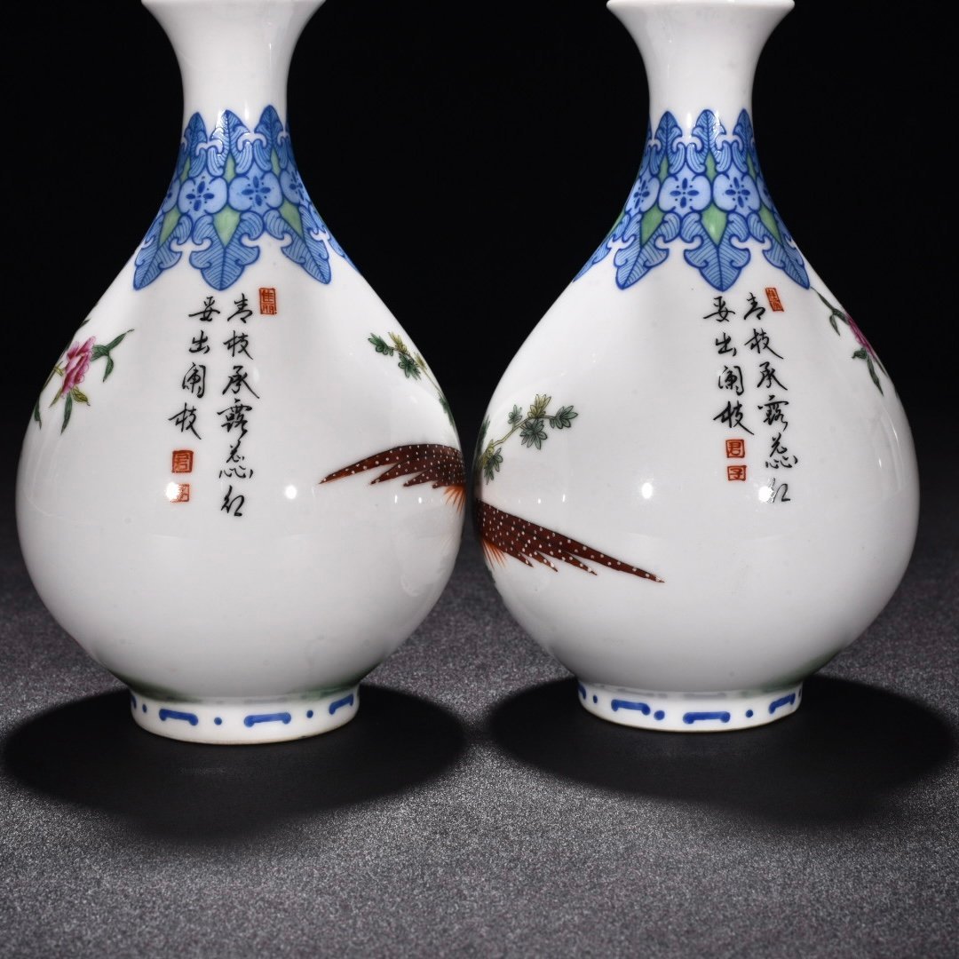 Qing Dynasty Yongzheng enamel jade pot and spring vase with flower and birds
