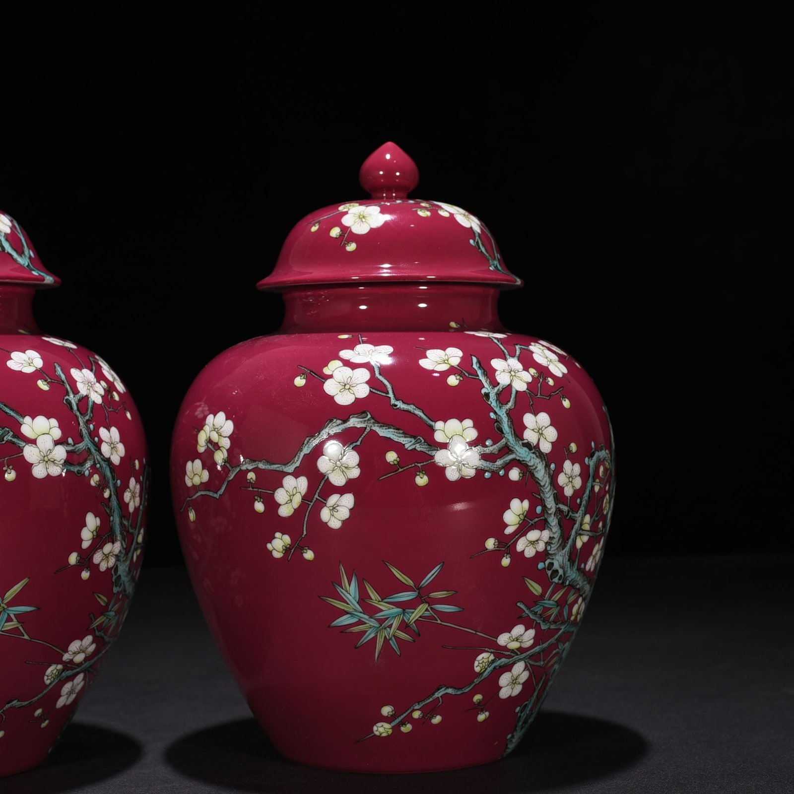 Qing Dynasty Yongzheng rouge red ground plum general jar