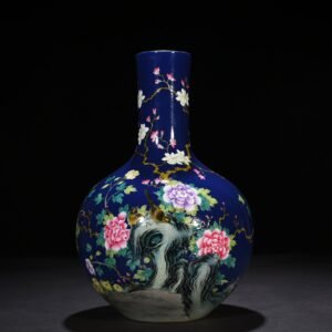 Qing Dynasty Yongzheng blue ground pastel peony flower and bird pattern celestial vase